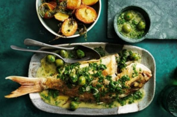 Roasted snapper with basil and olives