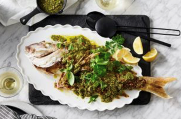 Roasted snapper with salsa verde and lemon
