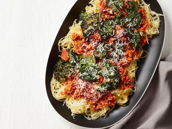 Roasted spaghetti squash with vegetarian Bolognese