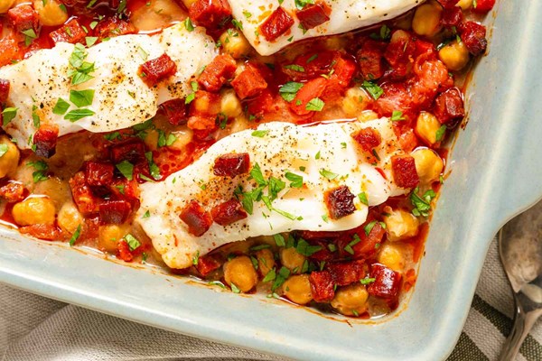 Roasted Spanish-style cod with chorizo and chickpeas