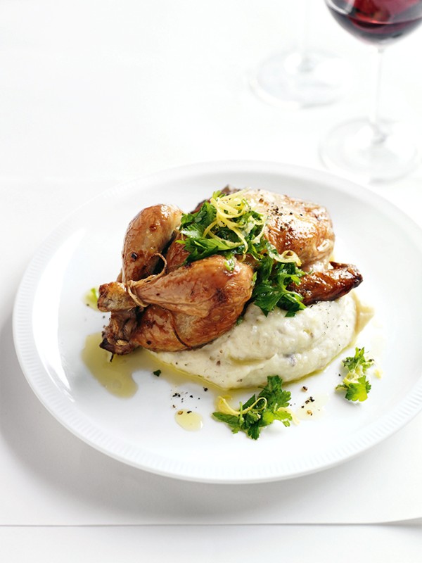 Roasted spatchcock with porcini mash