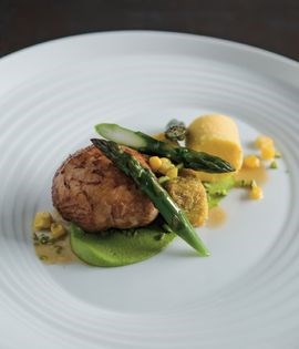 'Roasted' spatchcock with sweetcorn polenta, pistachio and asparagus