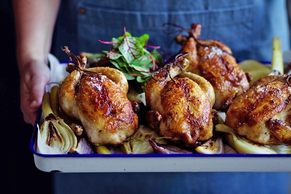 Roasted spatchcocks with brioche stuffing
