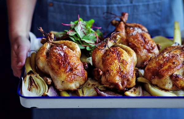 Roasted spatchcocks with brioche stuffing