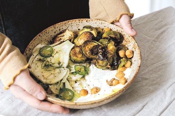 Roasted spiced Brussels sprout and chickpea bowl with fennel salad