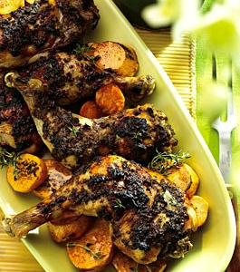 Roasted spiced chicken with cinnamon- and honey-glazed sweet potatoes