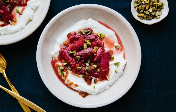 Roasted spiced rhubarb with dates and yogurt