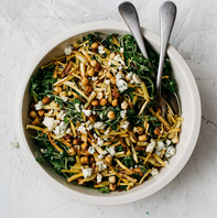 Roasted spring-dug parsnip and bitter greens salad with blue cheese and hazelnuts