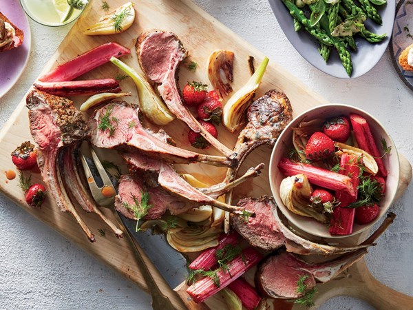 Roasted spring lamb with fennel, rhubarb, and strawberries