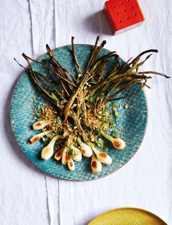 Roasted spring onions with pistachio mint pangrantatto
