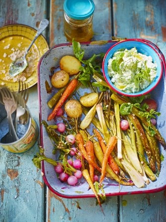 Roasted spring veg with watercress dip