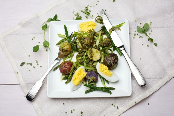 Roasted spring vegetables with watercress vinaigrette