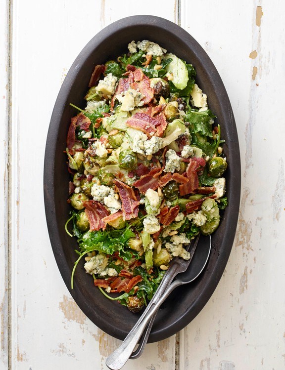 Roasted sprout, bacon & blue cheese salad with cider-raisin dressing