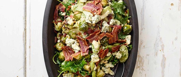 Roasted sprout, bacon & blue cheese salad with cider-raisin dressing