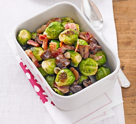 Roasted sprouts with chestnuts & bacon