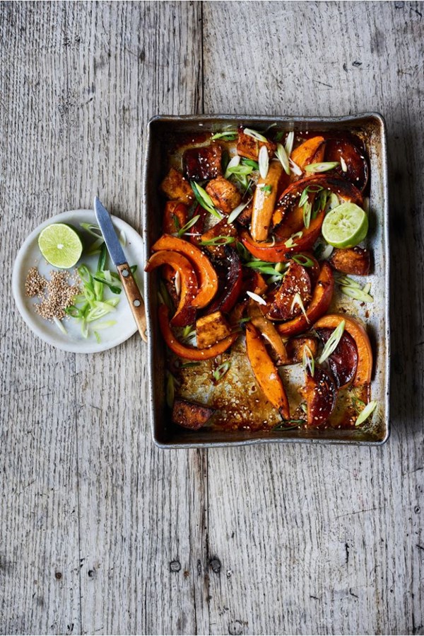 Roasted squash & tofu with soy, honey, chili & ginger