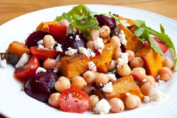 Roasted squash and beet feta chickpea salad