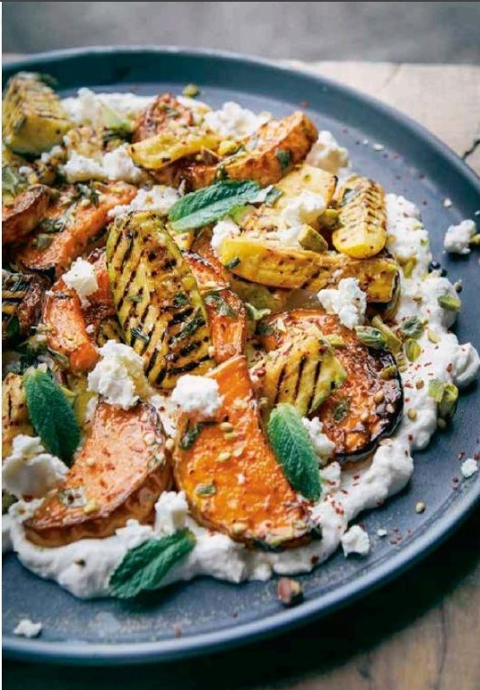 Roasted squash and courgettes with whipped feta and pistachios