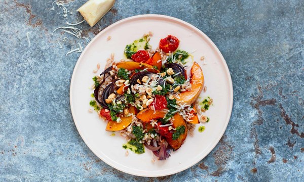 Roasted squash and farro salad with basil oil