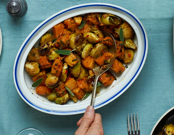 Roasted squash and sprouts with chilli and sage