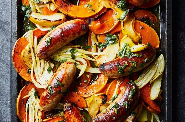 Roasted squash, apple & sausage traybake