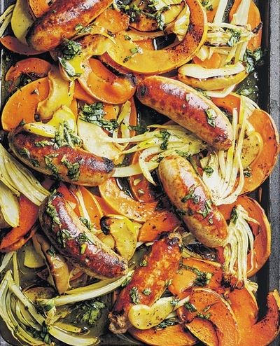 Roasted squash, apple & sausage traybake