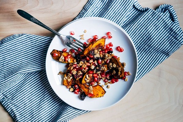 Roasted squash salad with pomegranate and spiced oat clusters