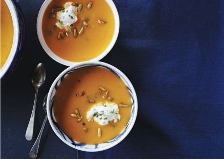 Roasted squash soup with almond cream and spiced pumpkin seeds