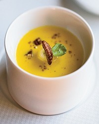 Roasted squash soup with maple-glazed bananas