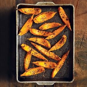 Roasted squash wedges with smoky dried chilli and panch phoran