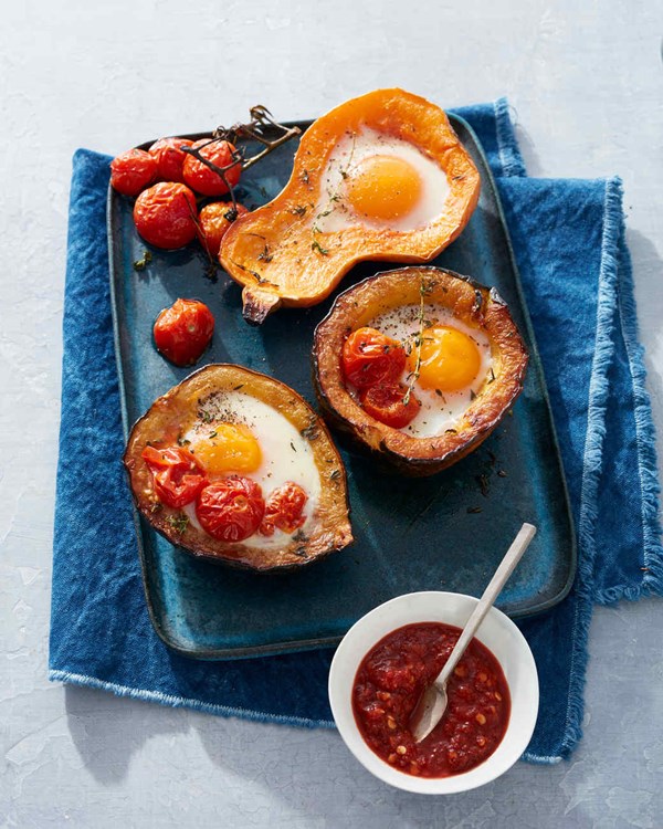 Roasted squash with cherry tomatoes and eggs
