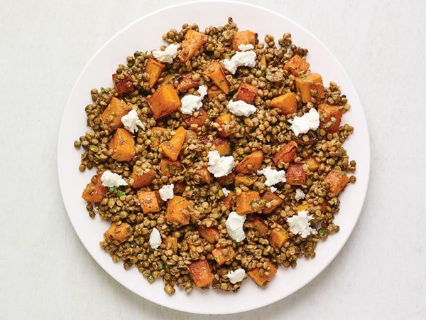 Roasted squash with marinated lentils