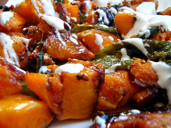 Roasted squash with rajas, cumin, and crema