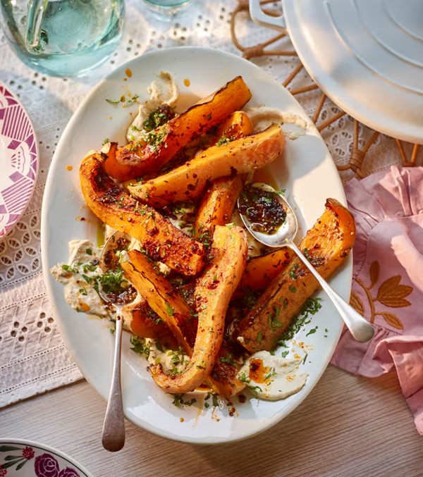 Roasted squash with tahini and chilli crisp