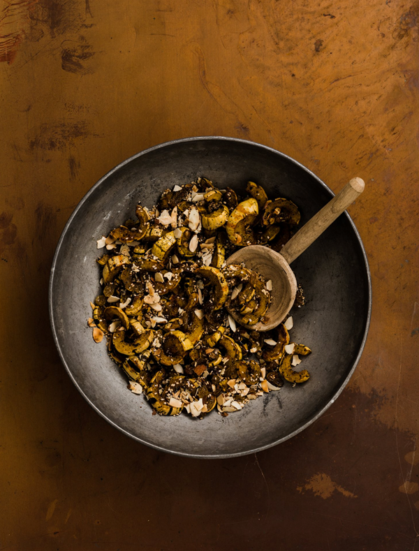 Roasted squash with toasted sesame seeds and golden raisins
