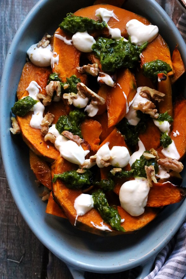 Roasted squash with yogurt, walnuts, and spiced green sauce