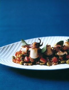 Roasted squid with minty broad beans