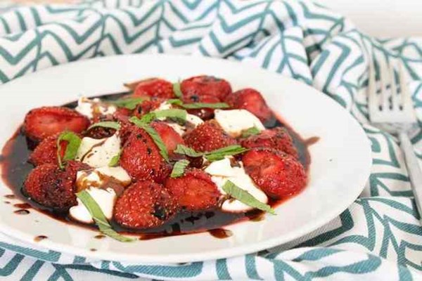 Roasted strawberries with whipped feta, balsamic and mint