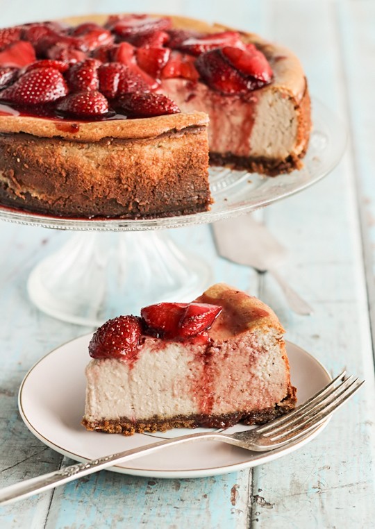 Roasted strawberry & ginger ricotta cheesecake