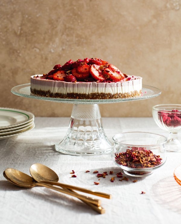 Roasted-strawberry & rose vegan 'cheesecake'
