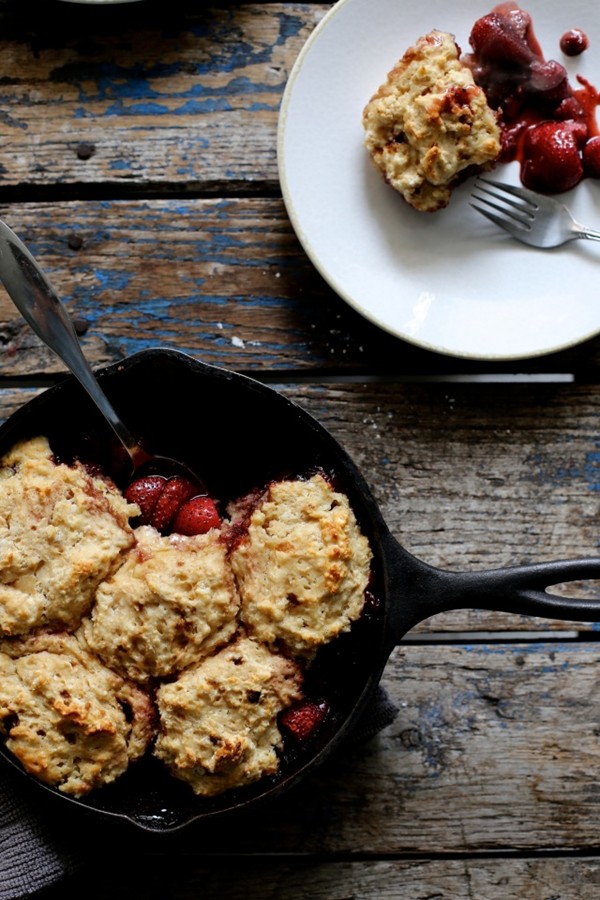 Roasted strawberry and dumpling skillet cake