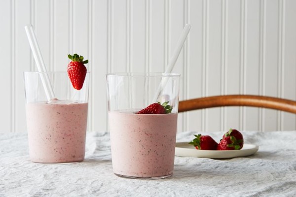 Roasted strawberry milkshake with buttermilk and mint