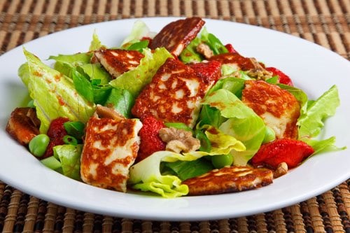 Roasted strawberry saganaki salad