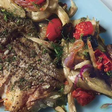 Roasted striped bass with fennel, tomatoes, and oil-cured olives