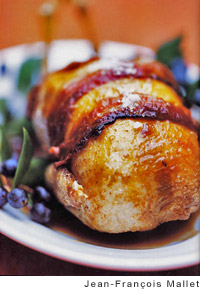 Roasted stuffed partridge and myrtle with chestnut polenta