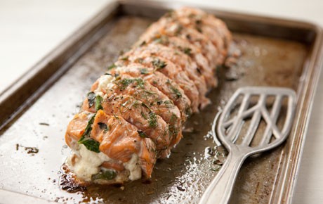 Roasted stuffed salmon with spinach, feta and ricotta