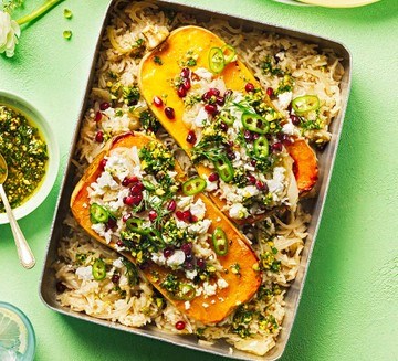 Roasted stuffed squash with herby pistachio salsa