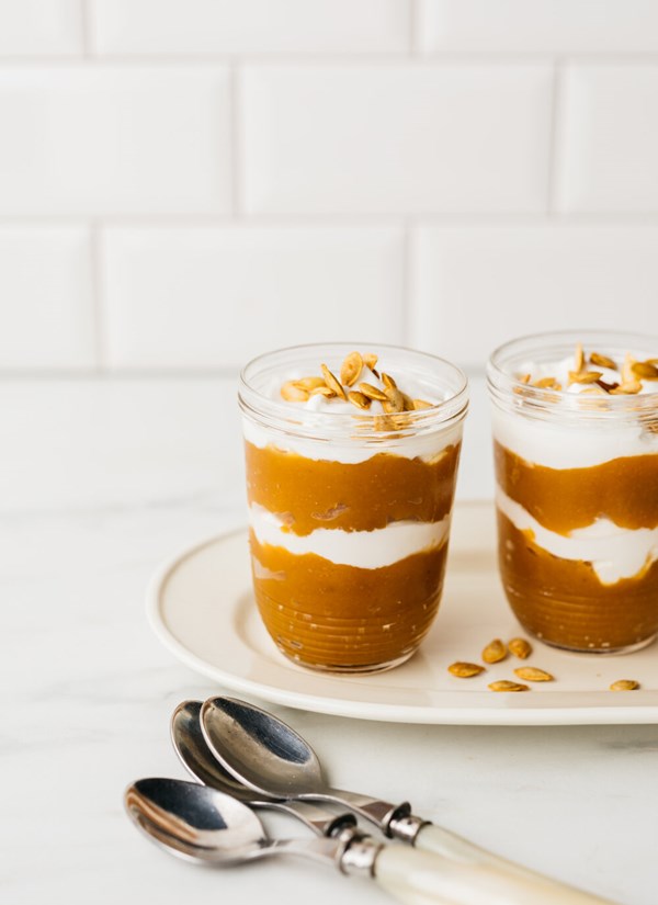 Roasted sugar pumpkin & yogurt parfaits with squash seeds & molasses