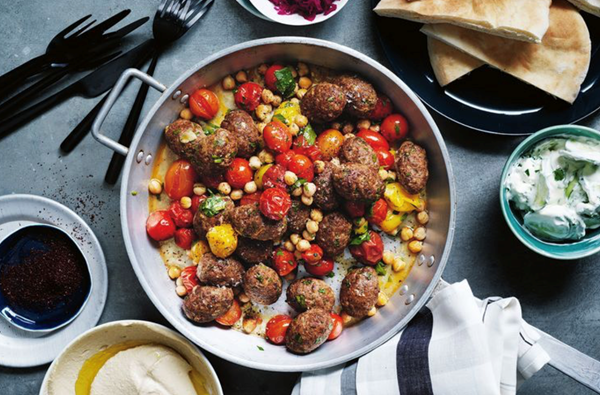 Roasted sumac lamb kofta with chickpeas and feta