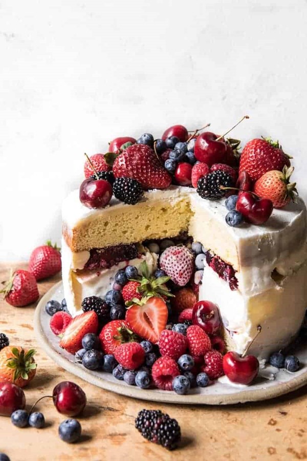 Roasted summer berry piñata ice cream cake